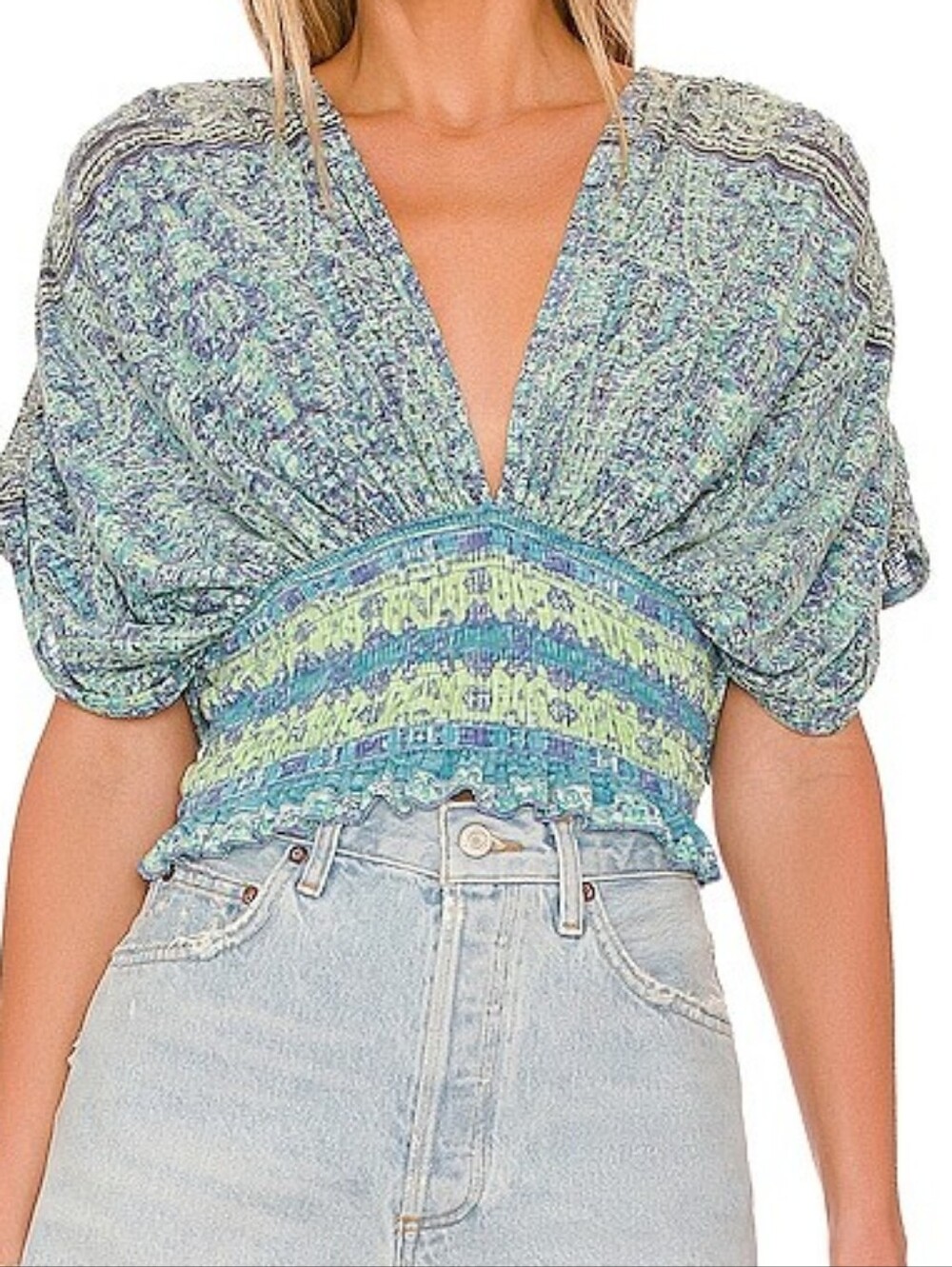 Free People Next Vacation Blue-Green Smocked V-Neck Crop Top